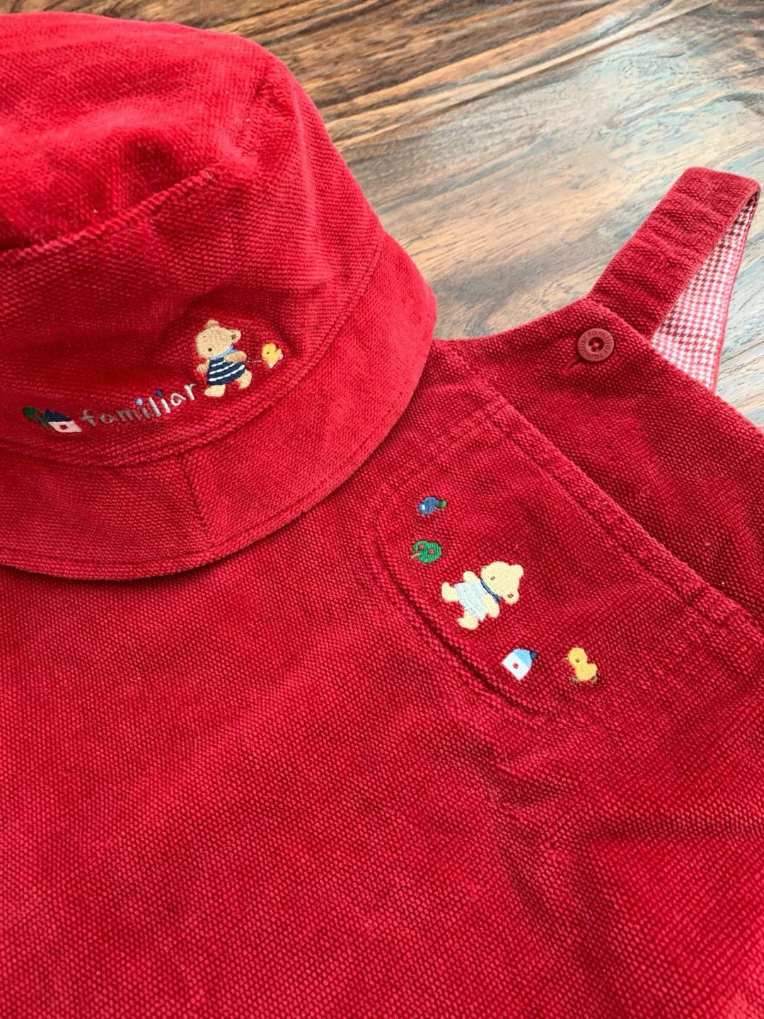 新店特惠 绝版日系F家小熊红色纯棉灯芯绒女宝宝婴儿背带裙帽套装