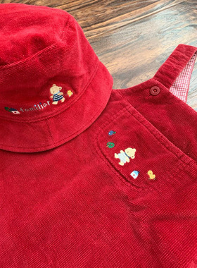 新店特惠 绝版日系F家小熊红色纯棉灯芯绒女宝宝婴儿背带裙帽套装