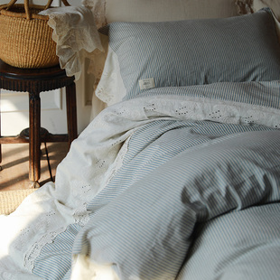 蓝色系法式花边四件套高级春夏新品长绒棉+麻+木棉混纺床上用品