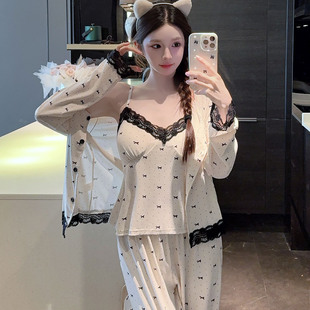 早秋新款 莫代尔吊带背心睡衣女三件套夏季 长裤 带胸垫春秋长袖 开衫