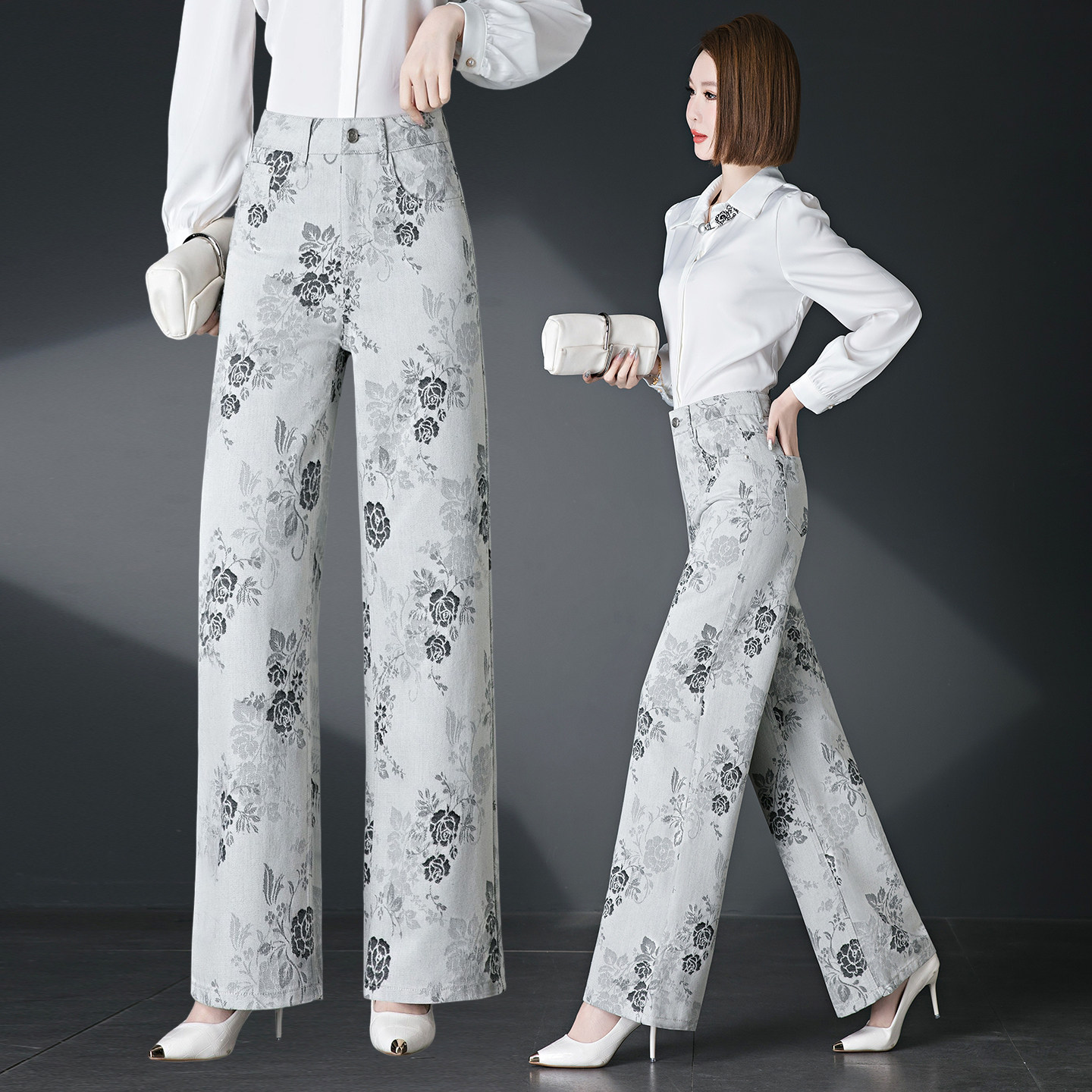 白色提花玫瑰阔腿牛仔长裤女春夏新款天丝垂感显瘦女士休闲花裤子