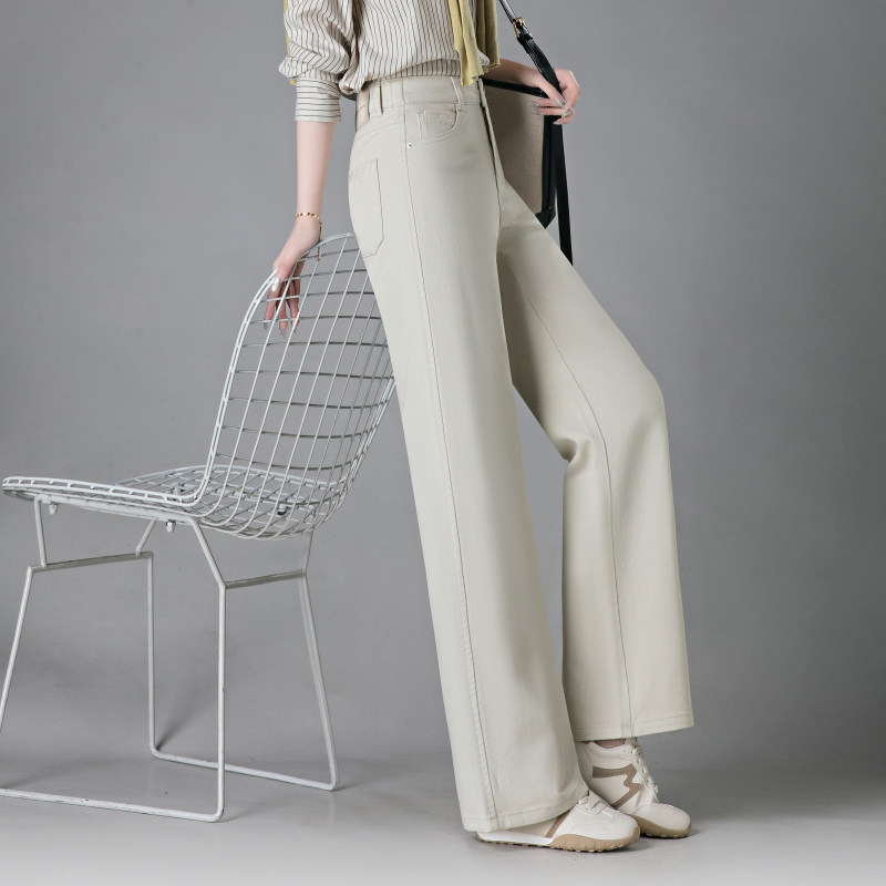 白色天丝窄版阔腿牛仔裤女春季新款高腰弹力宽松显瘦休闲直筒长裤