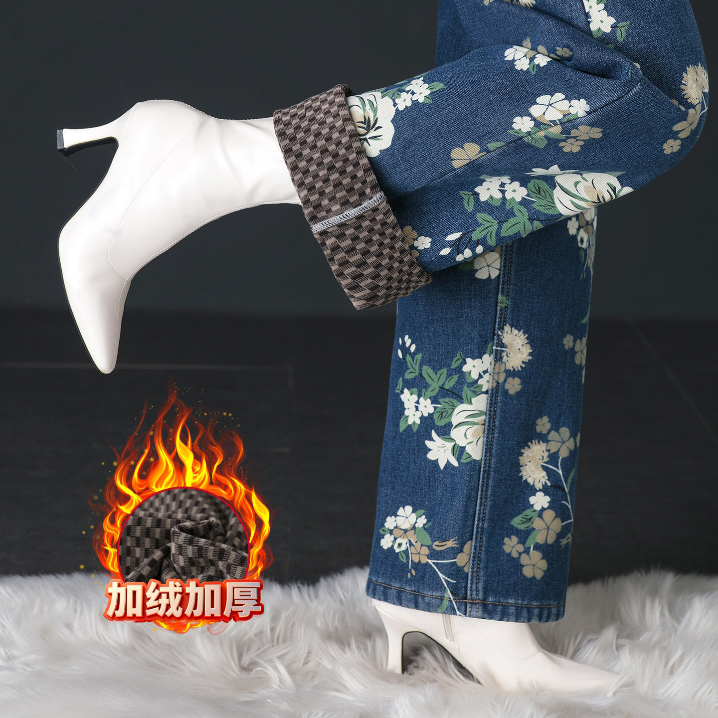 阔腿长裤加绒印花牛仔女裤冬季