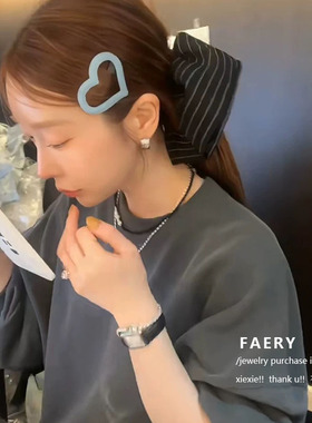 韩国博主同款蓝色爱心发夹女甜美镂空心型牛仔边夹发夹刘海夹BB夹