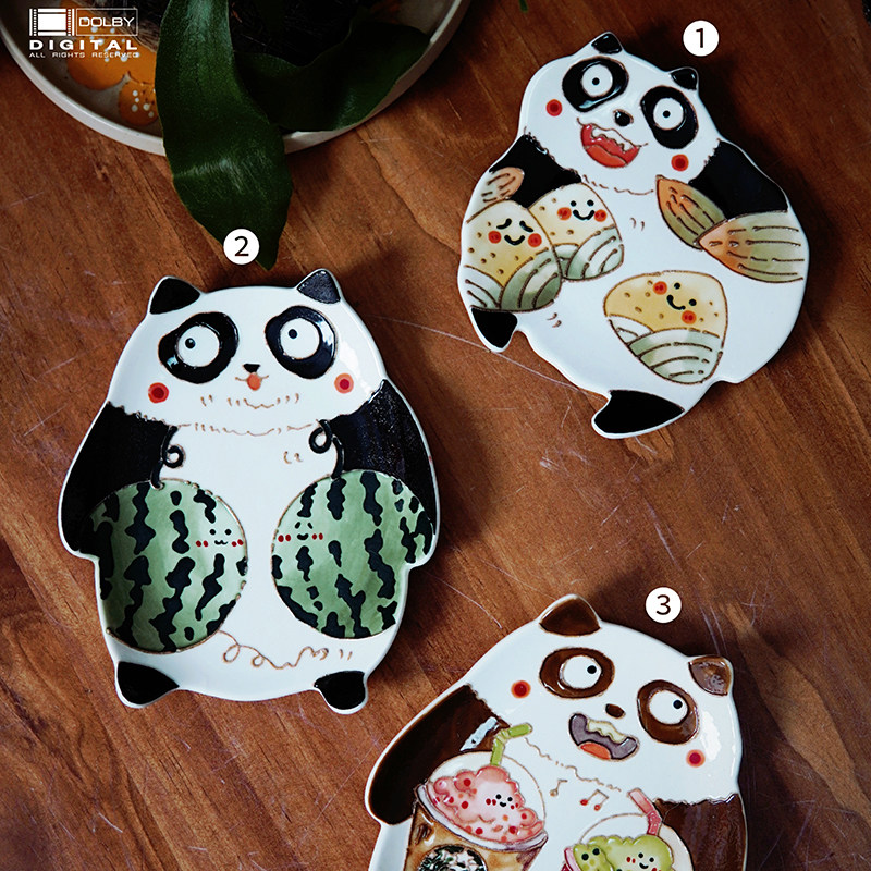 护瓜使者大熊猫手作手绘陶瓷盘收纳餐盘餐具骨碟装饰盘生日礼物