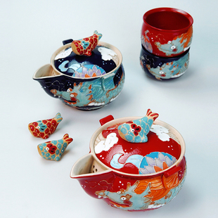 鱼龙舞陶瓷茶具套装手绘宝瓶手抓壶茶壶茶杯子茶盘茶托壶承礼物