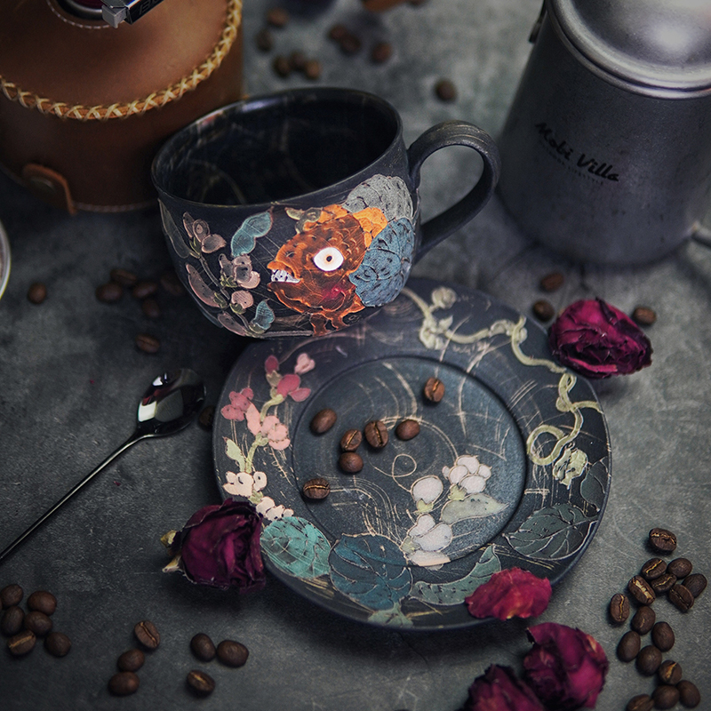 上岸锦鲤手工陶瓷复古咖啡杯磨砂马克杯拉花创意情侣结婚生日礼物