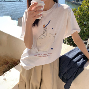 韩版宽松卡通印花肌理感棉短袖t恤女松弛感慵懒百搭时尚休闲上衣