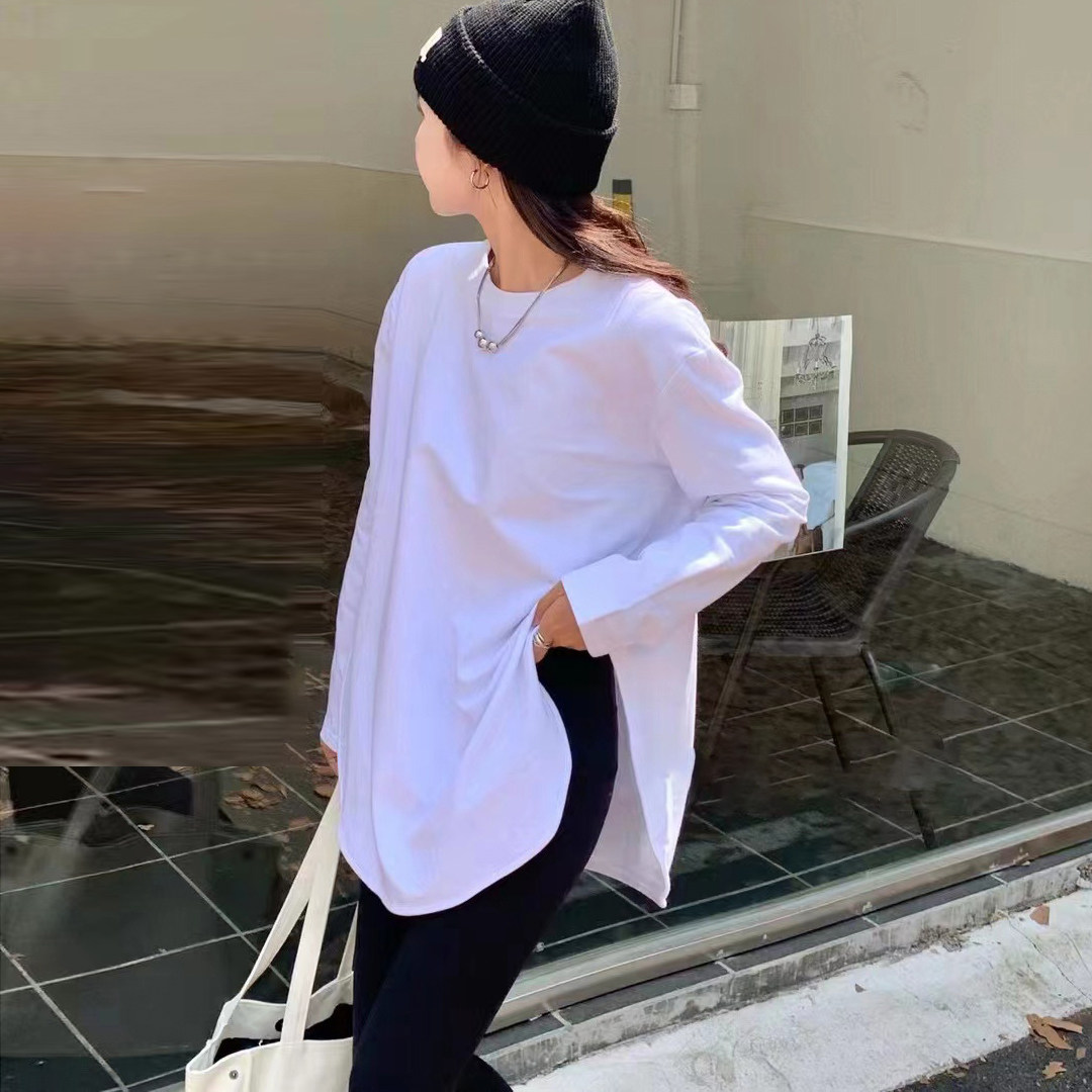U领开叉中长款白色长袖t恤女秋季纯棉小个子配鲨鱼裤的打底衫上衣