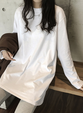 2026早春长袖打底衫女大码宽松长款遮屁股白色纯棉基础圆领t恤女