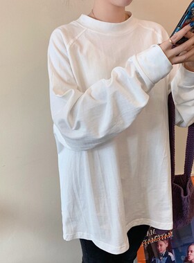 春秋韩版宽松长款纯棉休闲白色t恤女内搭遮屁股插肩袖打底衫白体