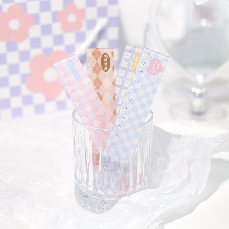 크림 격자 무늬 스타일 아크릴 눈금자 소녀 심장 소금 눈금자 귀여운 학생 눈금자 15CM