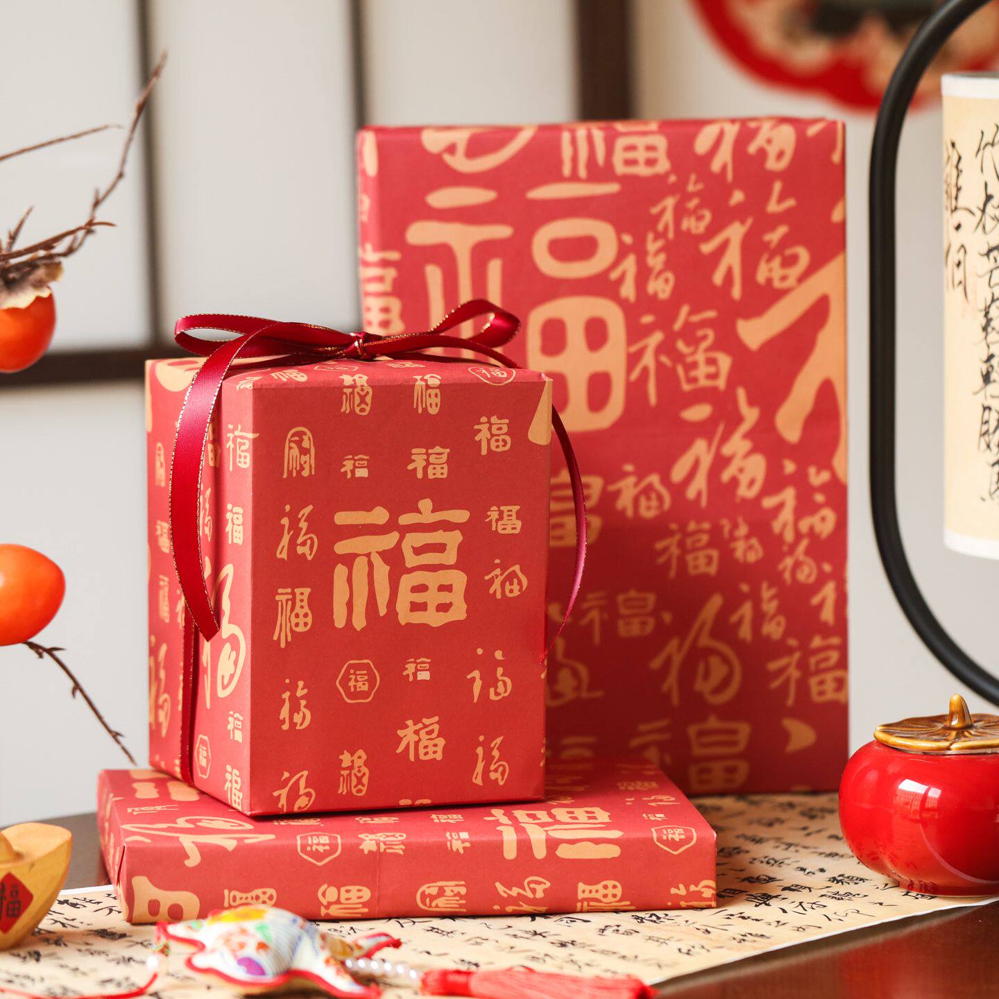 欢喜百福国风福字新年大尺寸包装纸复古红色祝福鲜花打包素材纸张