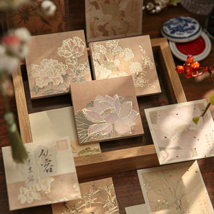 一朝染墨国风三享装烫金便签本无粘性高颜值古风莲花风景手帐素材