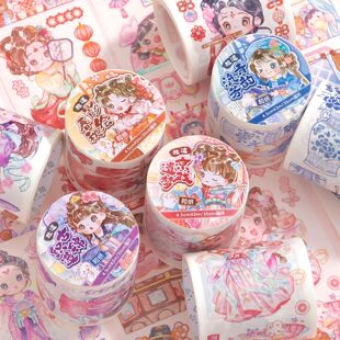 古韵风物非遗和纸胶带可爱古风织锦京戏女孩人物手账装饰素材贴画