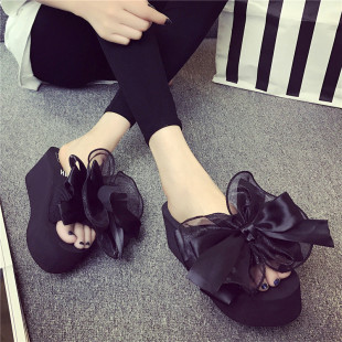 蝴蝶结厚底增高防滑沙滩外穿凉拖鞋 时尚 新款 松糕一字拖女2025夏季
