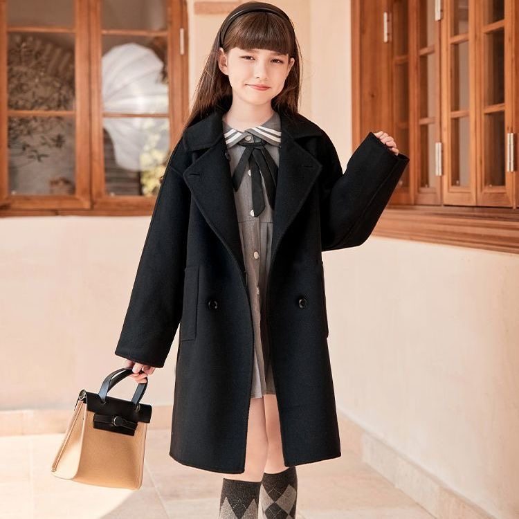女童呢子大衣2025新款冬季加厚秋冬高级感毛呢外套牛角扣中长款