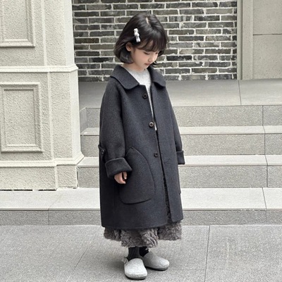 2025秋冬韩系新款儿童双面羊毛呢大衣女童翻领呢子羊绒中长款外套