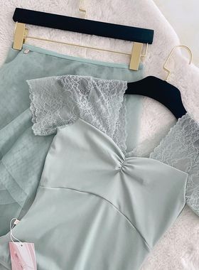幻梦芭蕾现货韩国进口iilaire芭蕾舞练功服蕾丝拼接短袖迷雾灰绿