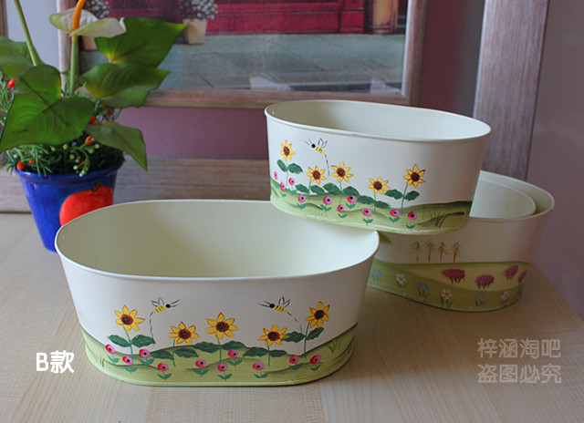 包邮 铁艺纯手绘插花器 花桶 家居装饰品摆件 桌面收纳桶两件套