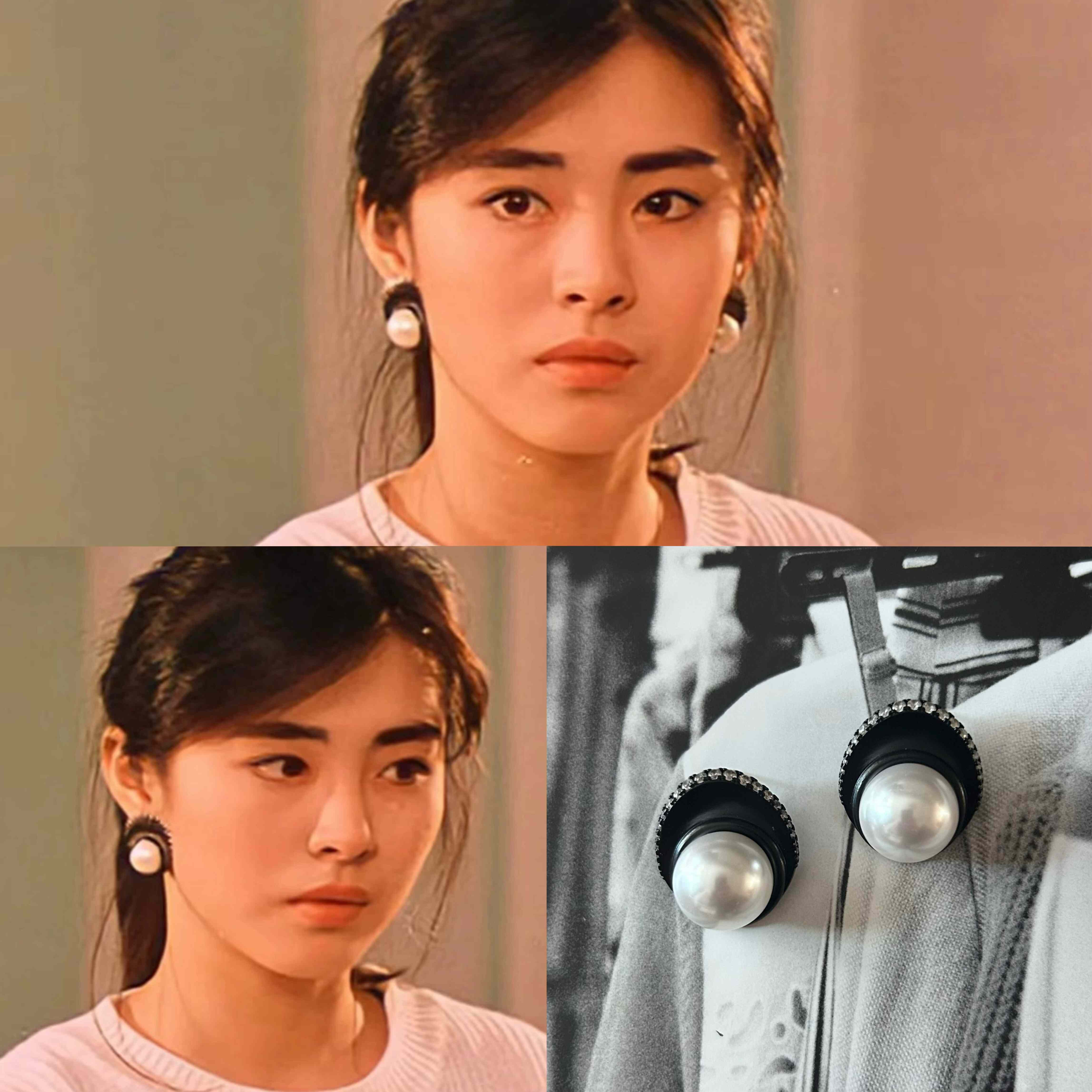 王祖贤同款港风复古黑色珍珠耳环女小众设计感高级气质耳钉耳夹女