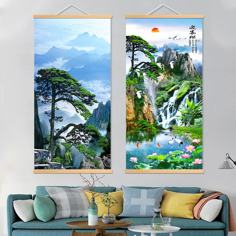 迎客松山水画招财风水竖版靠山客厅玄关背景墙图装饰国画卷轴挂画