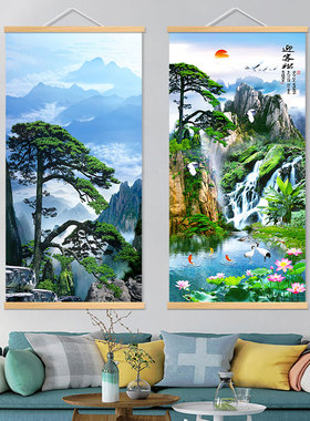 迎客松山水画招财风水竖版靠山客厅玄关背景墙图装饰国画卷轴挂画