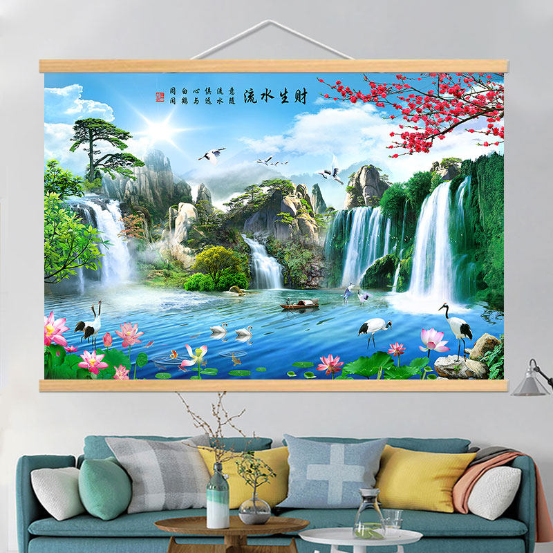 客厅装饰画风景办公室流水生财旭日东升山水流水背景壁画客厅挂画,家居饰品,现代装饰画,淘宝优惠券,粉丝福利购,淘宝优惠卷
