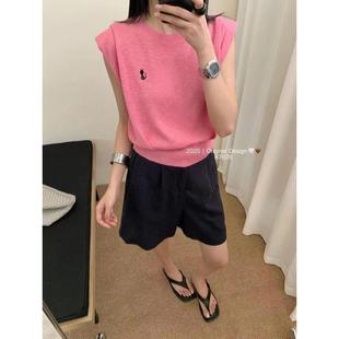 时尚 O欧洲站早秋新款 卡通刺绣圆领条纹针织背心女上衣ins微透马甲