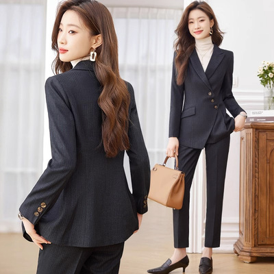条纹职业装套装女秋冬西装工作服