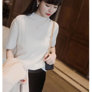 夏季新款针织短袖卷边半高领女宽松纯棉半袖T恤套头针织打底衫短