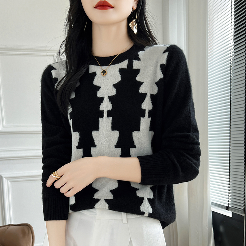 拼色圆领套头针织衫羊毛衫女秋冬2024年新款