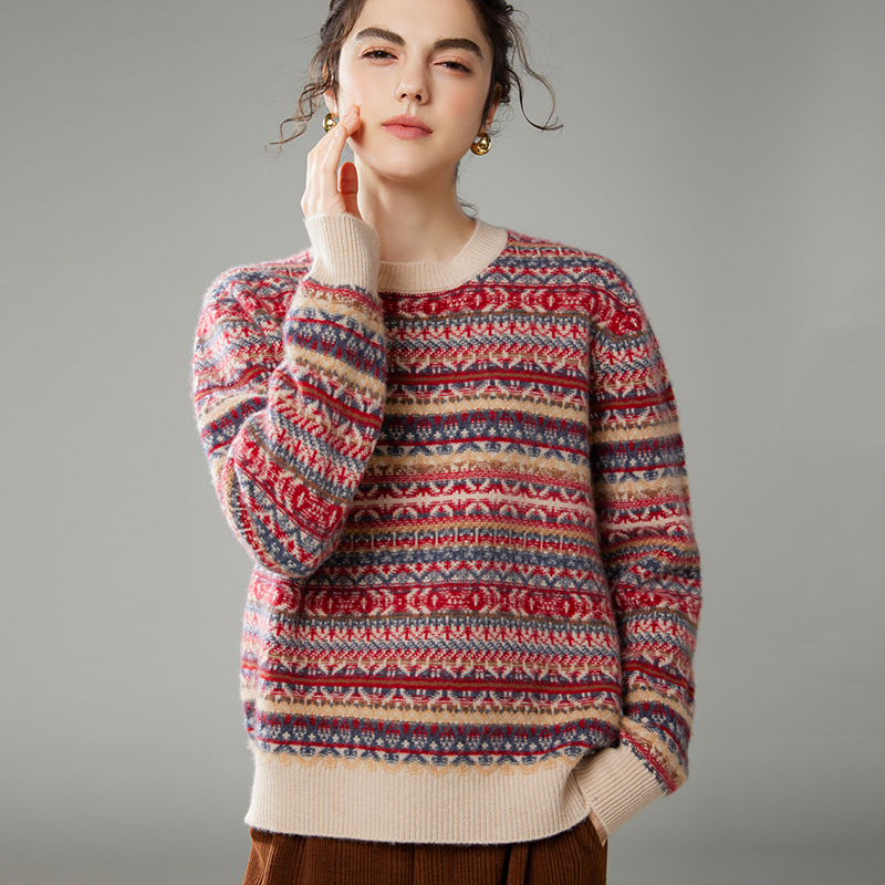 2025年秋季新款费尔岛提花复古圆领针织羊绒衫时尚休闲通勤百搭