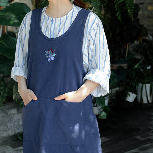 日系刺绣背带围裙 夏季薄款透气纯棉耐磨女厨房花店防污工作服