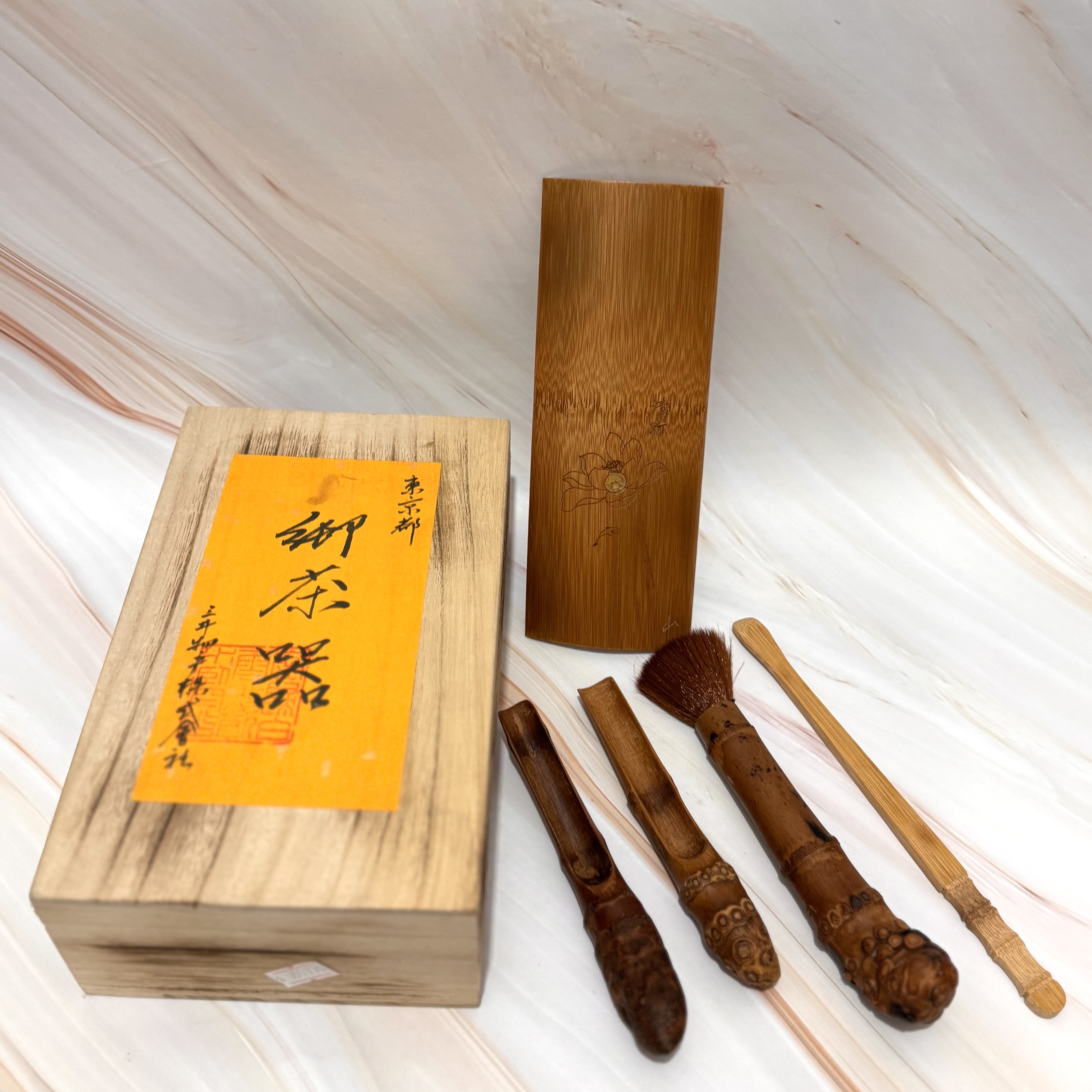 日本原产 东京都 纯手工竹制 御茶器茶匙茶勺 竹雕茶则 茶道 套装
