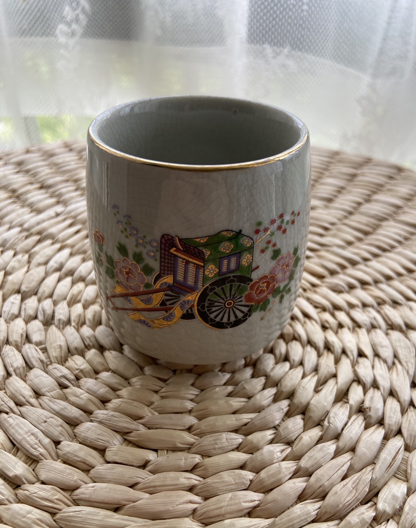 日产九谷烧 九谷弘峰 传统艺术五彩描金富贵花车茶杯品茗杯满开片