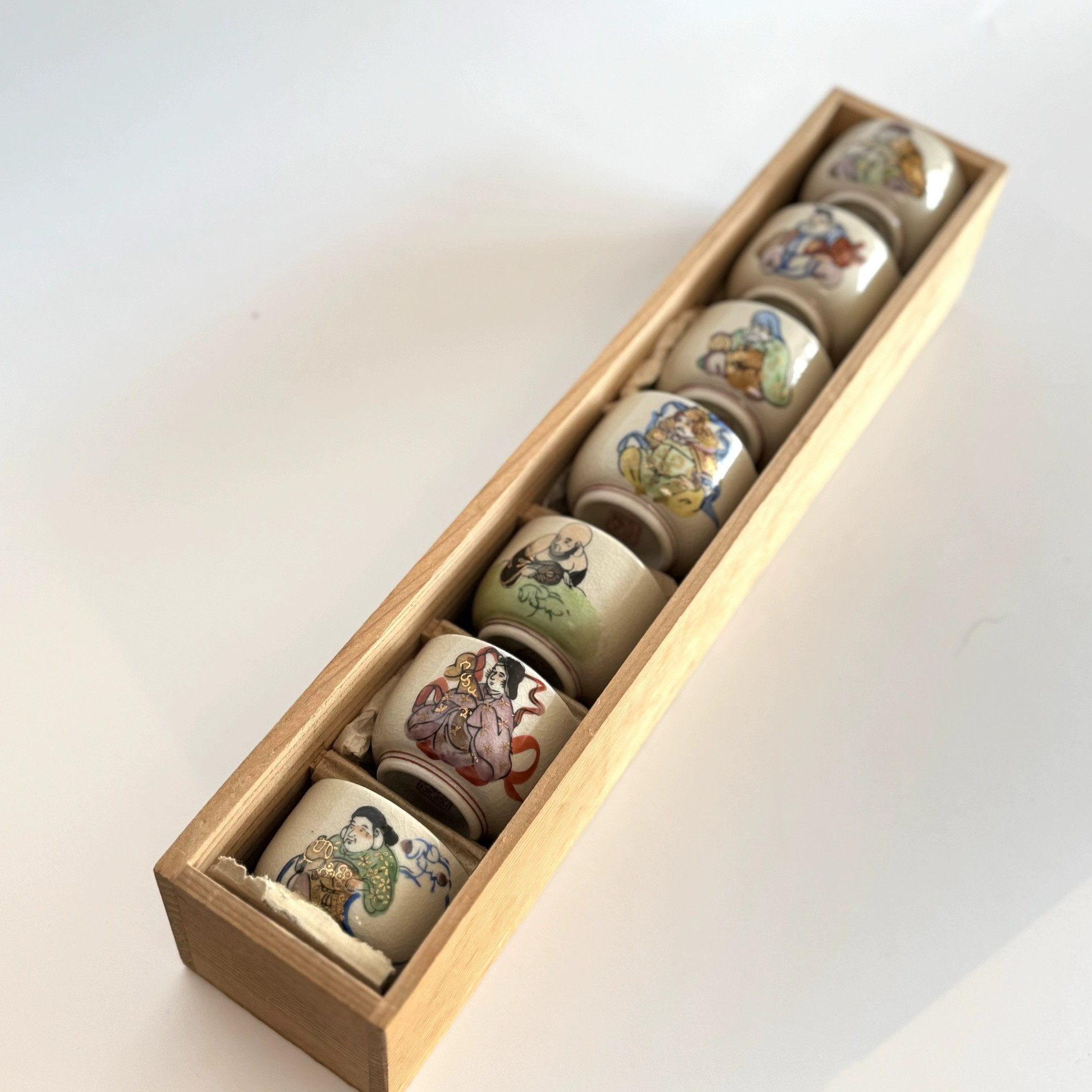 日本 九谷烧 七福神 手工 彩绘 描金 诗文 整套茶杯 茶具