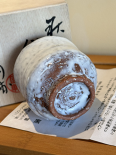 日产萩烧 主人杯 名窑 中原国辅 手作 白釉橘底 陶器 茶杯 古美术