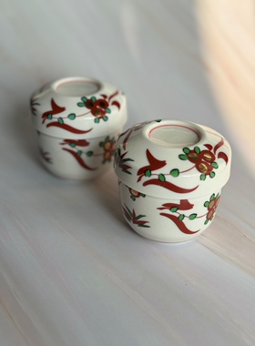 日本原产 纯手工手绘 吉祥赤绘 彩绘盖杯 茶枣茶叶罐 牙签罐 摆件