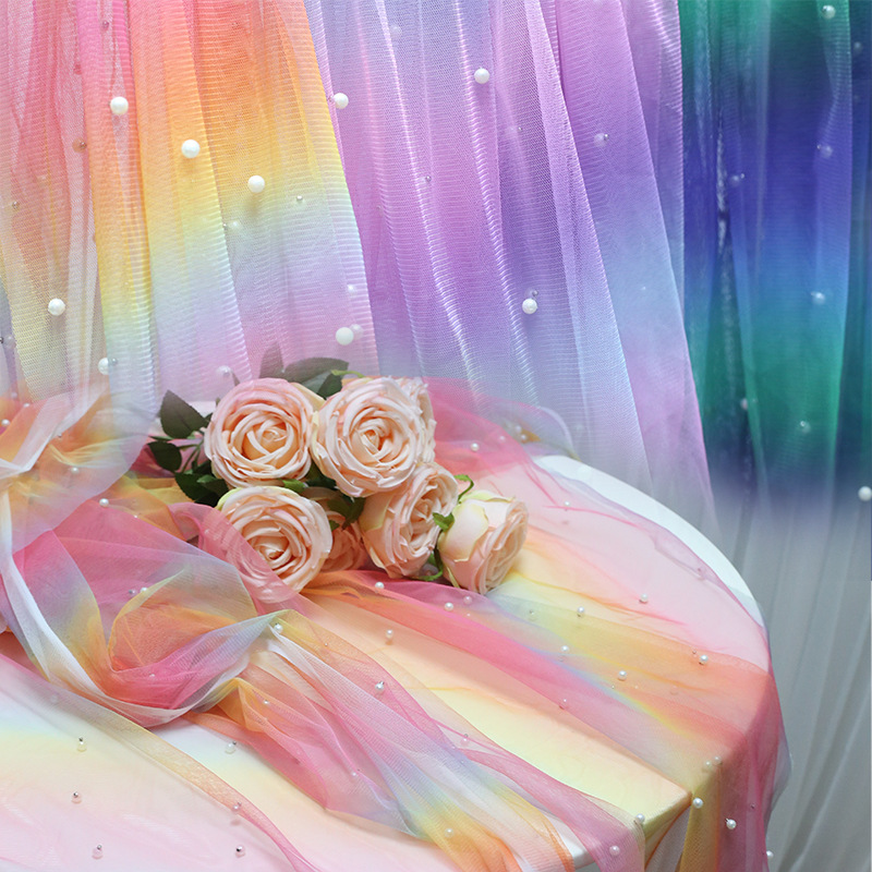 AIF珍珠网纱钉珠软纱头纱汉服渐变彩虹发饰材料童装女装裙子面料