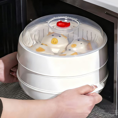 日本微波炉加热蒸笼食品级家用加水双层加厚容器皿蒸屉蒸盒蒸格
