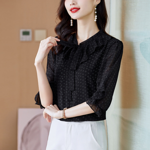 RM20954#漂亮时尚的衬衫女雪纺衫印花飘带七分袖黑色气质甜美别致法式上衣