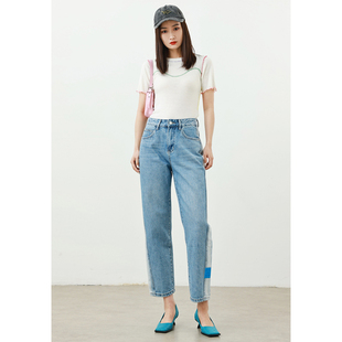 RUGOSAM「直筒裤系列」宽松个性丨高腰女侧边条纹牛仔裤220219003