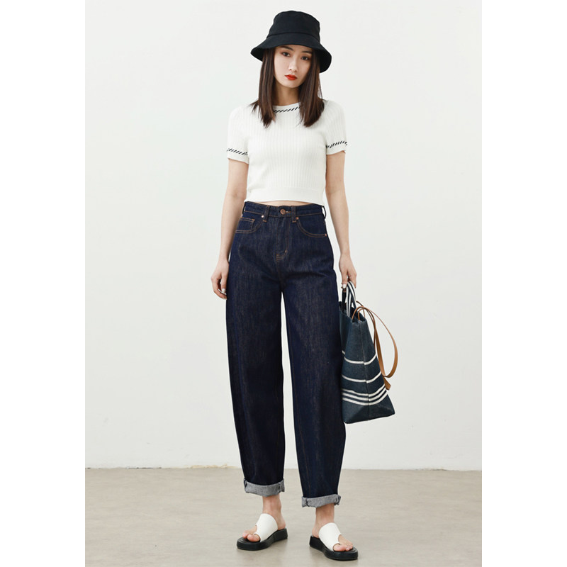 rugosam「茧型裤系列」宽松休闲丨高腰女复古九分牛仔裤210807003