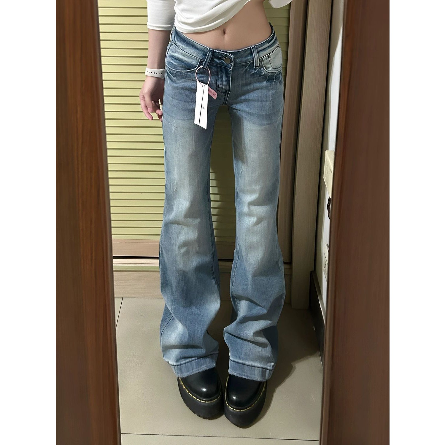 高个子加长美式弹力修身显瘦低腰微喇牛仔裤女秋季新款窄版马蹄裤图片