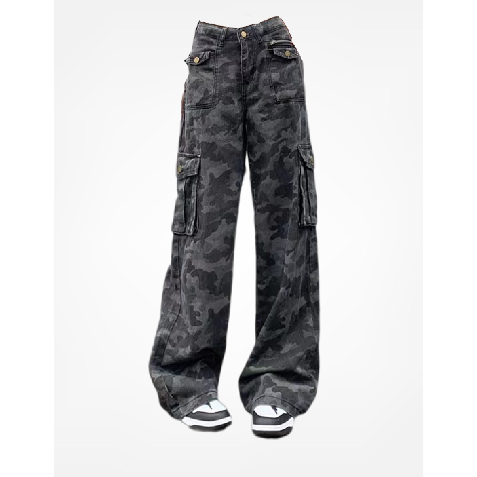 高个子加长迷彩工装高腰牛仔裤女春夏新款设计感直筒宽松阔腿裤子