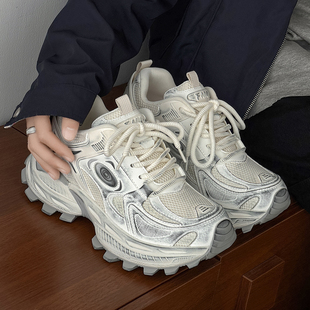 新款隐形8CM增高厚底老爹鞋做旧擦色运动鞋男女休闲百搭白色潮鞋