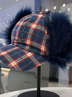 2025秋冬新款时髦辣妹棒球帽复古格纹保暖毛绒亚比风护耳飞行帽潮