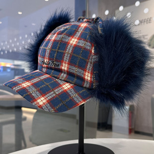 2025秋冬新款时髦辣妹棒球帽复古格纹保暖毛绒亚比风护耳飞行帽潮