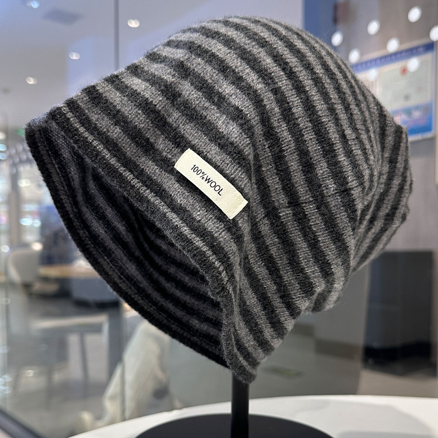 日系100%羊毛条纹针织帽男女秋冬百搭保暖包头帽大头围宽松堆堆帽